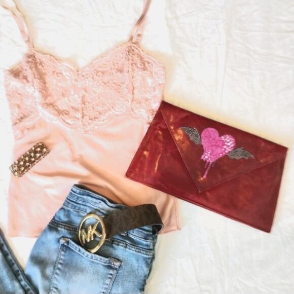 Patent Leather CLUTCH Envelope Bag RED Bleeding Heart Goth Moto Fairy Valentine - Picture 2 of 10